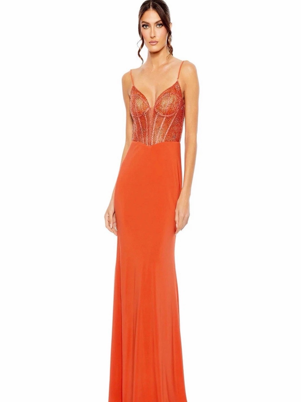 Mac Duggal Orange Beaded Corset Bodice Strap Gown